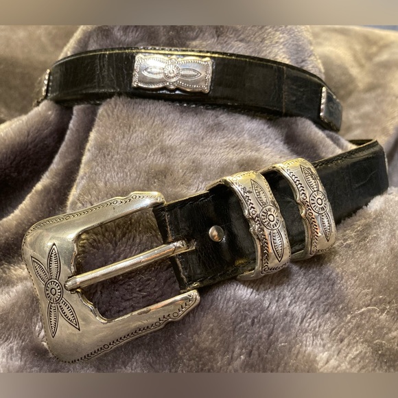 Vintage Nanni Designer Italian Black Leather Metal Belt